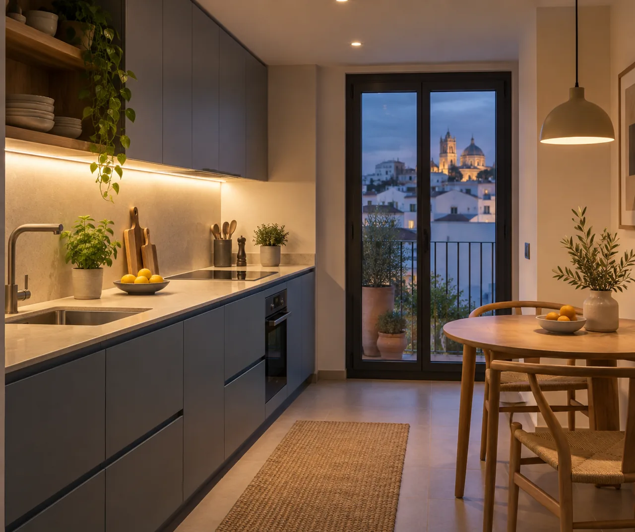 Escena editorial generada con IA: cocina con luz bajo muebles y lámpara sobre la mesa