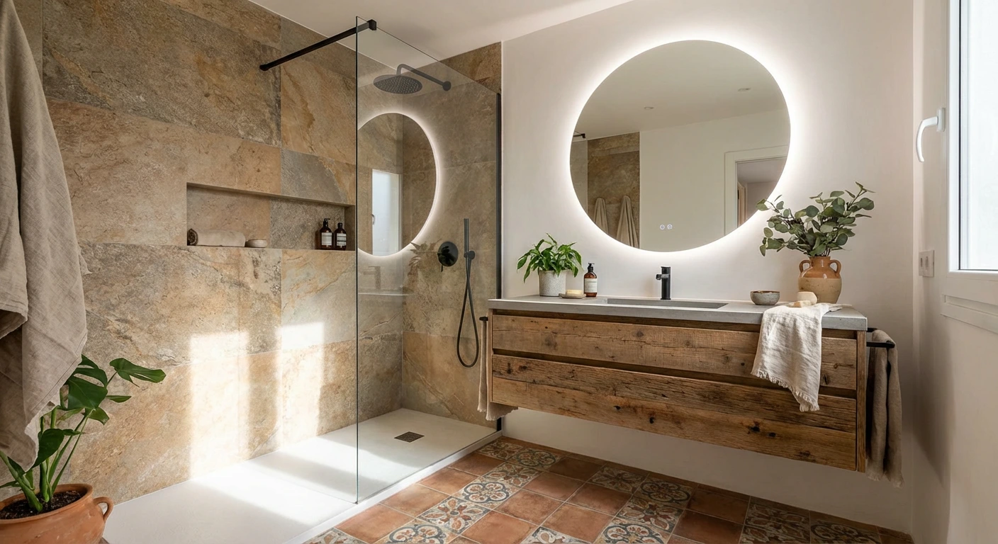 Ba&ntilde;o reformado con plato de ducha y mueble de madera